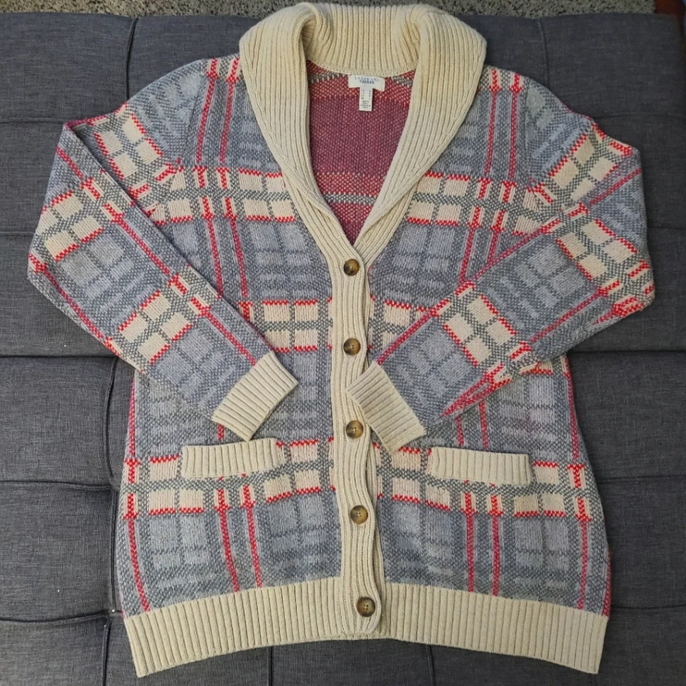 Lands End canvas 1963Vl vtg PLAID CARDIGAN SWEATER SIZE M cotton wool blend euc - Picture 3 of 15